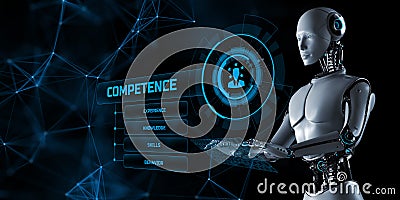 Competence skills concept. Robot pressing button on screen 3d render Stock Photo