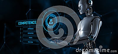 Competence skills concept. Robot pressing button on screen 3d render Stock Photo