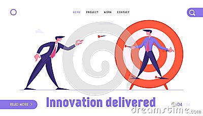 Competition Challenge Website Landing Page. Businessman Throw Darts to Business Man Nailed to Huge Target Vector Illustration