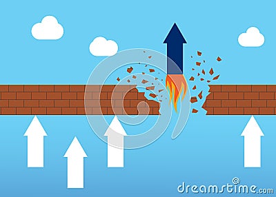 Competition concept. Arrows stuck near brick barrier and blue one breaking it. Illustration Stock Photo