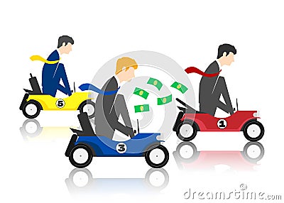 Competition concept. Businessmen in racing cars and one outpacing on white background. Illustration Stock Photo