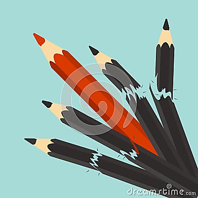 Competition concept. Leadership. Red pencil and broken black pen Cartoon Illustration