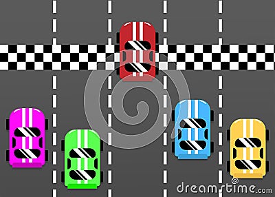 Competition concept. Racing cars near finishing line and red one crossing it. Illustration Stock Photo