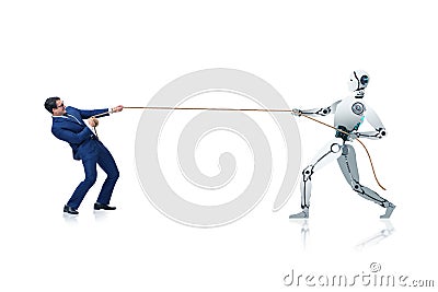 Competition between humans and robots in tug of war concept Stock Photo