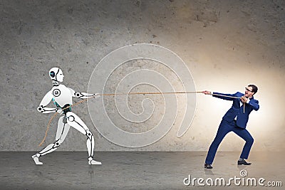 Competition between humans and robots in tug of war concept Stock Photo