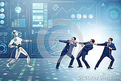 Competition between humans and robots in tug of war concept Stock Photo