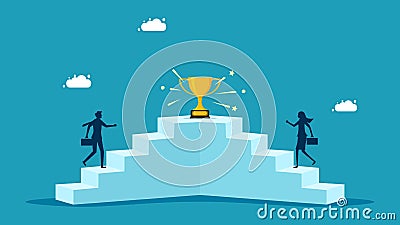 Competition and motivation for success. Businessmen walk up the stairs competing for trophies Vector Illustration