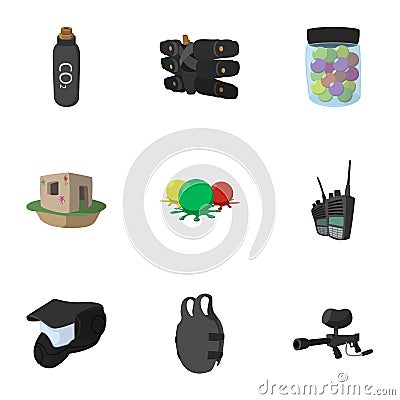 Competition paintball icons set, cartoon style Vector Illustration