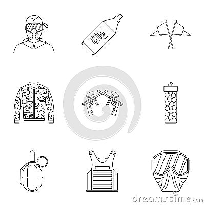 Competition paintball icons set, outline style Cartoon Illustration