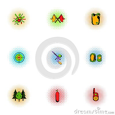 Competition paintball icons set, pop-art style Vector Illustration