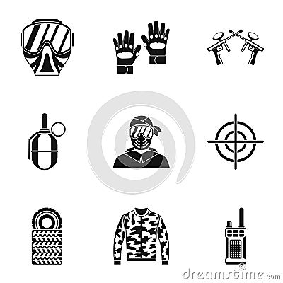 Competition paintball icons set, simple style Cartoon Illustration