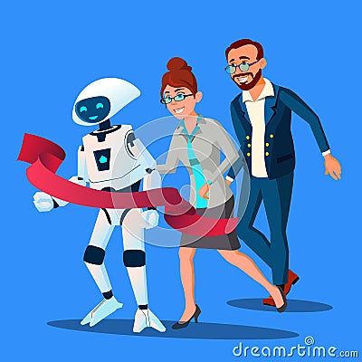 Competition, Robot First Came To The Finish Line, Faster Than People Vector. Isolated Illustration Vector Illustration