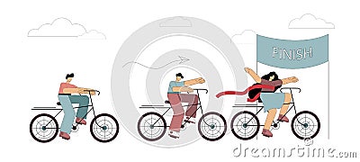 Competition women and men. Bicycle competition 3 people. Business cycling competition to success Vector Illustration