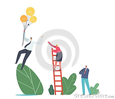 Competitive Advantages. Female Business Character Climbing Ladder Chase Businessman Flying on Light Bulb Balloons in Sky Vector Illustration