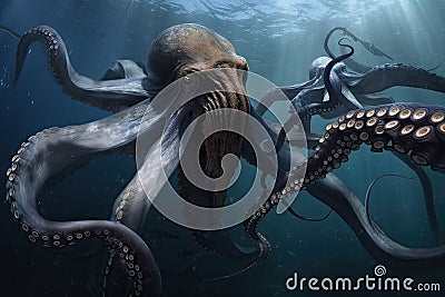 competitive battle between octopus kraken and great white shark for survival in the deep Stock Photo