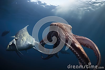 competitive battle between octopus kraken and great white shark for survival in the deep Stock Photo