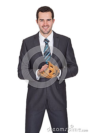 Competitive businessman with baseball glove Stock Photo