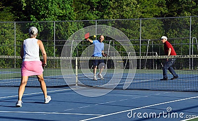 Competitive Game of Pickle Ball Stock Photo