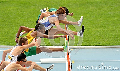 Competitors of 110 meters hurdles Editorial Stock Photo