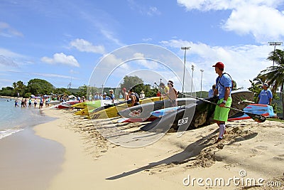 Competitors on beach before 10K Up Paddle Board race Editorial Stock Photo