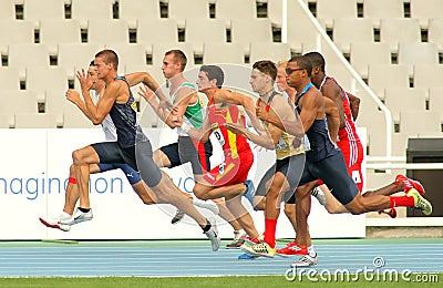 Competitors on start of 100m Editorial Stock Photo