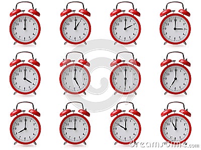 Compilation of alarm clocks with different time settings from one hour to twelve Stock Photo