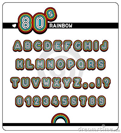Complete alphabet and numbers in 80s Rainbow Font Vector Illustration