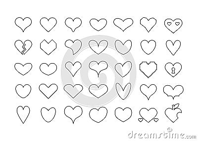 Complete black thin line blank and isolated different shapes assorted heart icons design element set on white Vector Illustration