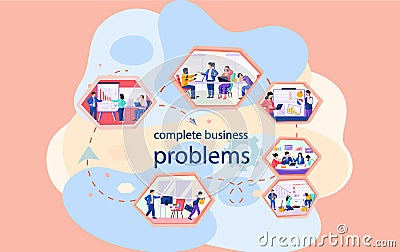 Complete business problems scheme. People work with company cost reduction, issues solving Vector Illustration