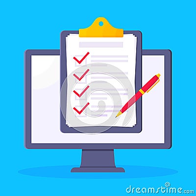 Complete checklist with check marks tick popped above the computer monitor screen icon vector illustration. Vector Illustration