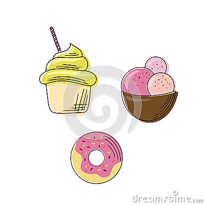 Complete collection of cartoon summer delicious ice cream in flat style. Vector illustration. Bright summer poster with Vector Illustration