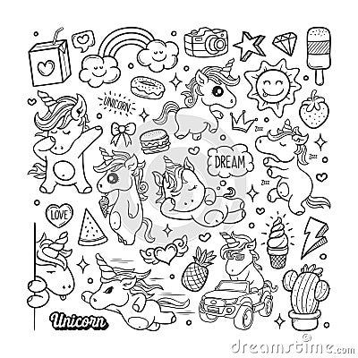 Unicorns Hand Drawn Doodle Vector Illustration Vector Illustration