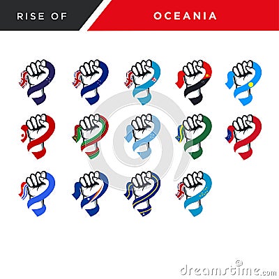 Complete collection of spirit rising fist hand Oceania flag vector set Vector Illustration