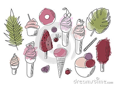 Complete collection of summer watercolor ice cream delicious in flat style. Vector illustration. Bright summer poster Vector Illustration