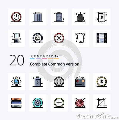 20 Complete Common Version Line Filled Color icon Pack like charging battery charging shirt button sewing Vector Illustration