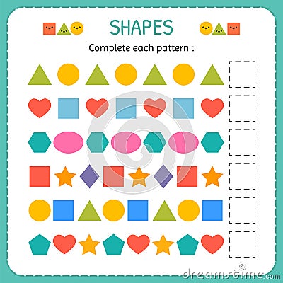 Complete each pattern. Learn shapes and geometric figures. Preschool or kindergarten worksheet Vector Illustration