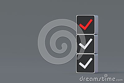 Complete failure. Red check mark on button. Incorrect choice concept. Wrong decision. Negative action Stock Photo