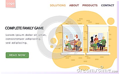 Complete family game landing page template with group of people sing songs and play guitar at home Vector Illustration