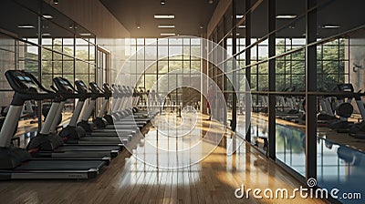 Complete Fitness. Treadmills, Bikes, and Pool in Modern Gym. Generative AI Stock Photo