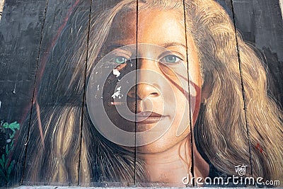 Ahed Tamimi by Jorit Agoch on the Separation Wall in Bethlehem Editorial Stock Photo
