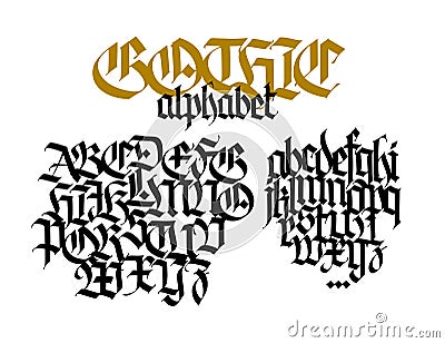 Complete Gothic alphabet. Vector. Uppercase and lowercase letters on a white background. Beautiful calligraphy. Elegant font for t Vector Illustration