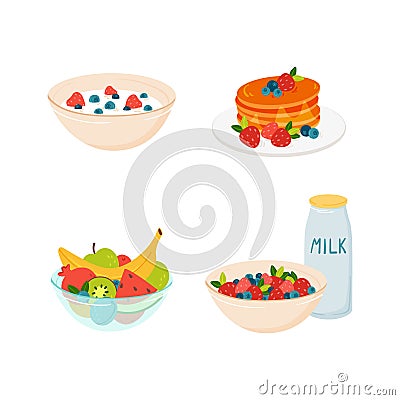 Complete healthy morning breakfasts set - porridge, pancakes, berries, fruits Vector Illustration