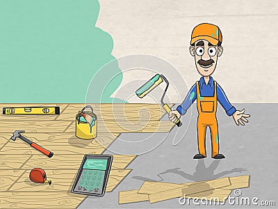 Complete house overhaul worker Vector Illustration