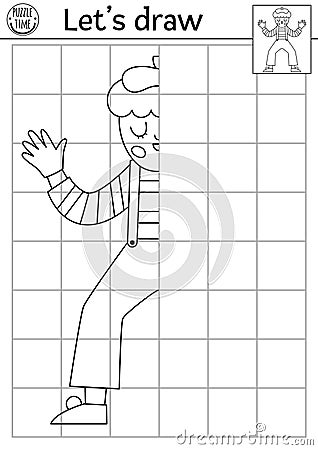 Complete the mime. Vector France themed symmetrical drawing practice worksheet. Printable black and white activity for kids. Copy Vector Illustration