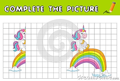 Complete the picture of cute unicorn and a rainbow bridge. Copy the picture and color it. Educational game for children Vector Illustration