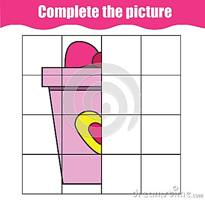 Complete the picture educational children game. Printable toddlers, kids activity sheet with giftbox. Learning symmetry drawing Vector Illustration