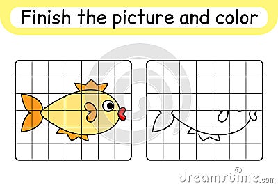 Complete the picture fish. Copy the picture and color. Finish the image. Coloring book. Educational drawing exercise game for Vector Illustration