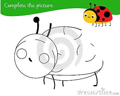 Complete picture of ladybug educational children game. Kids drawing worksheet. Insects theme activity for toddlers Vector Illustration