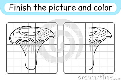 Complete the picture mushroom chanterelle. Copy the picture and color. Finish the image. Coloring book. Educational drawing Vector Illustration