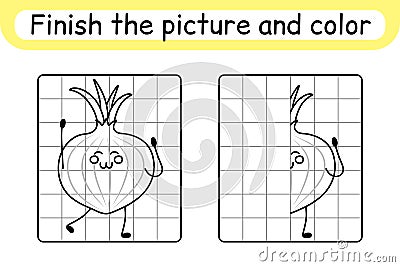 Complete the picture onion. Copy the picture and color. Finish the image. Coloring book. Educational drawing exercise game for Vector Illustration